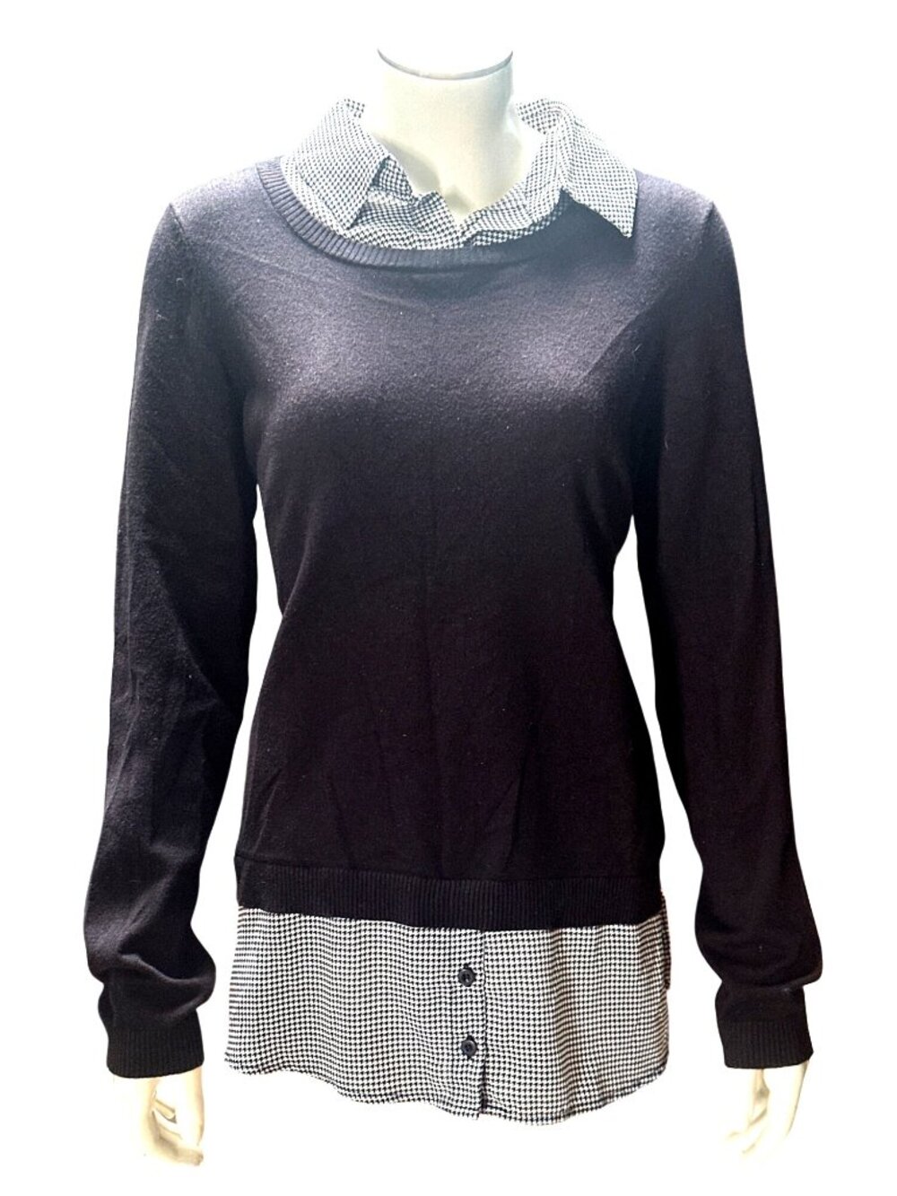 Adrianna Papell Medium Black Houndstooth Collar Layered Knit Sweater Career Chic